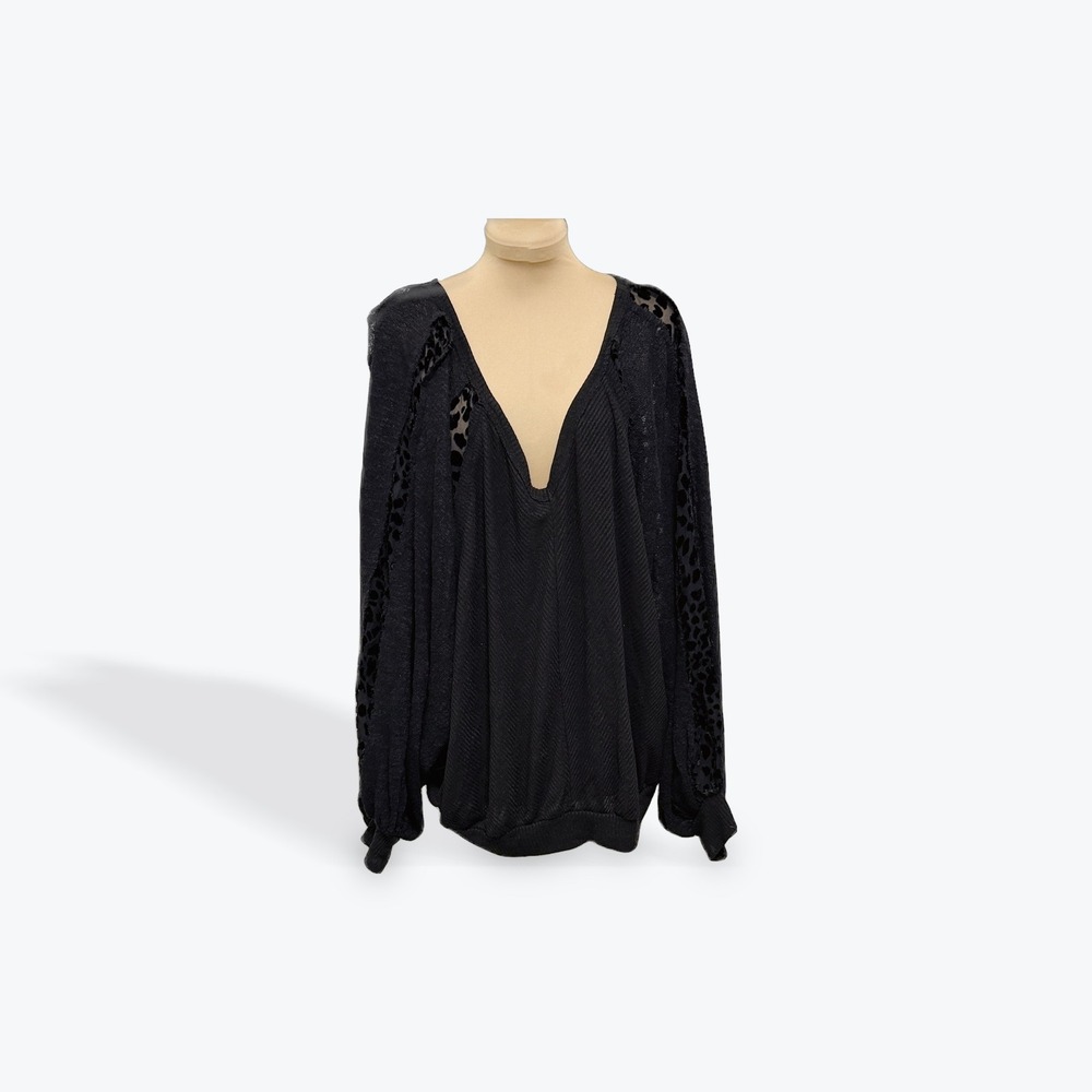 Umgee USA Black‎ Leopard Velvet Detail V Neck Batwing Sleeve Sweater 2XL